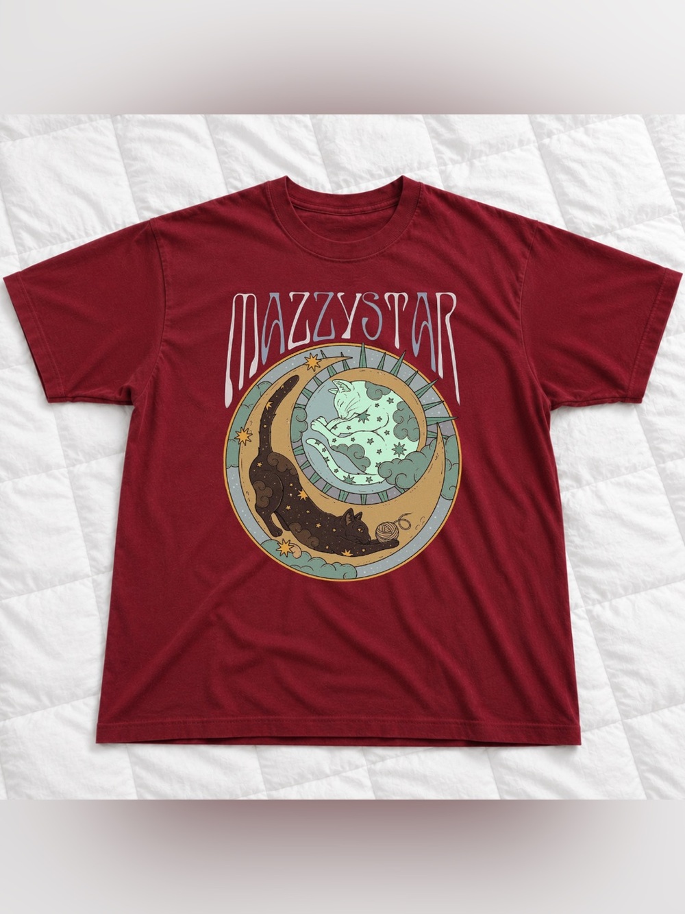 Vintage Mazzy Star Cats Graphic Tee - Burgundy Celestial Cats